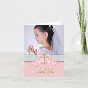 Pink Cross Photo First Communion Thank You Cards