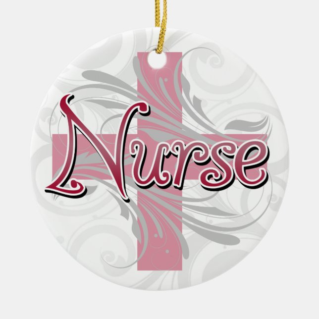 Pink Cross/Swirl Nurse Ceramic Tree Decoration (Front)