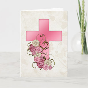 Pink Cross w Flowers 1 Christian Greeting Card