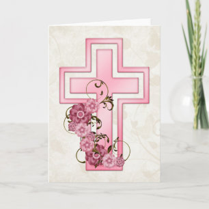 Pink Cross w Flowers 4 Christian Greeting Card