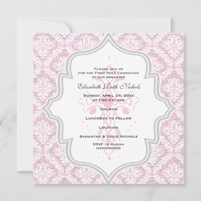 Pink Cross white damask burlap First Communion Invitation (Front)