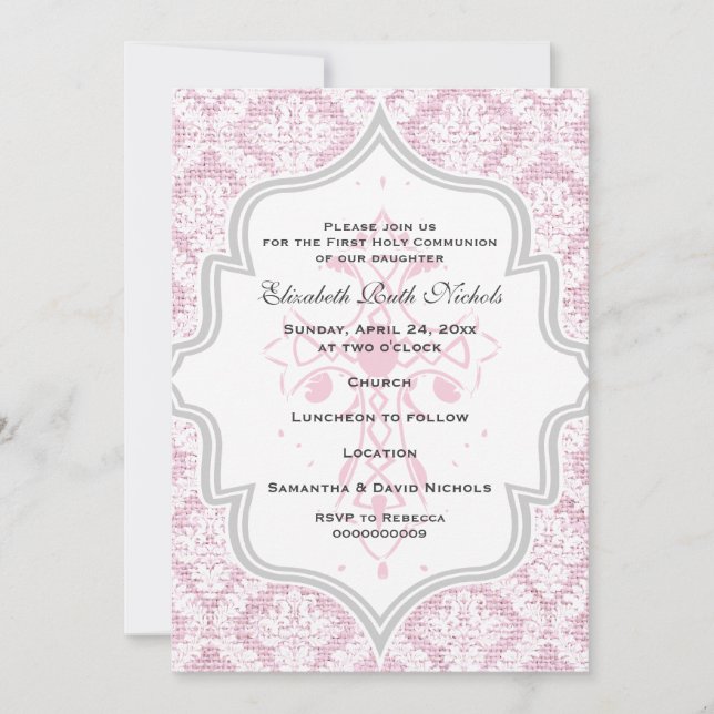 Pink Cross white damask burlap First Communion Invitation (Front)
