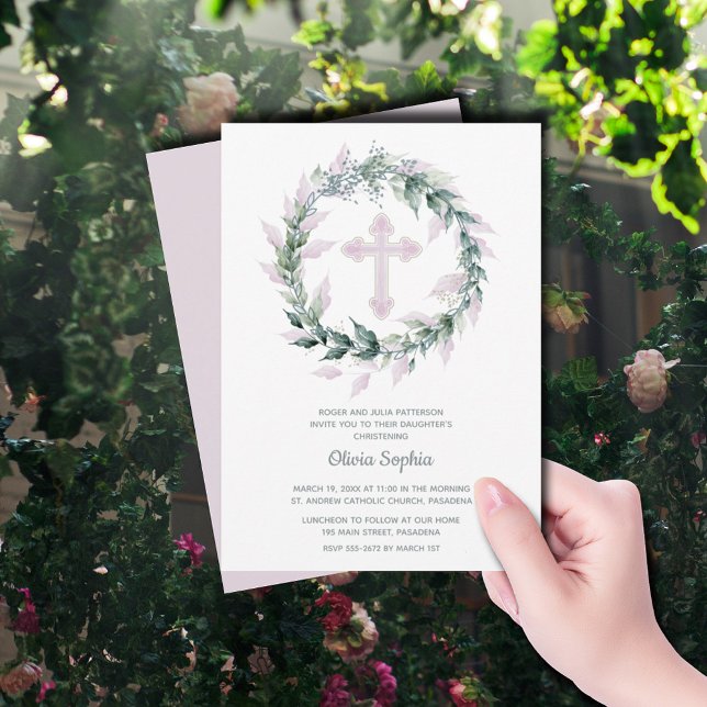 Pink Cross Wreath Christening Invitation (Pink Cross Wreath Christening Invitations)