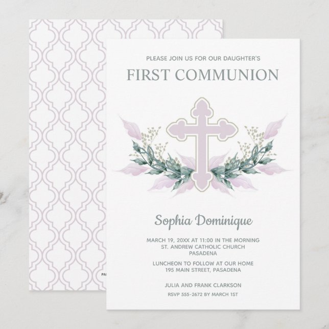 Pink Cross & Wreath First Communion Invitations (Front/Back)