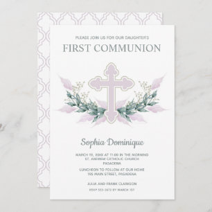 Pink Cross & Wreath First Communion Invitations