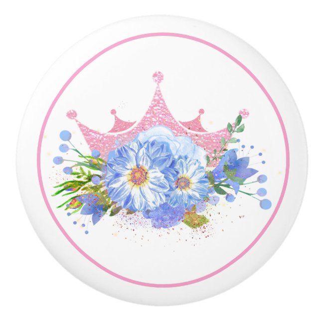 Pink Crown and Flowers Drawer Pull Knob (Front)