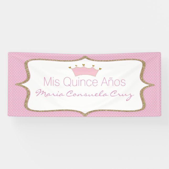 Pink Crown and Polka Dot Quinceanera Banner (Horizontal)