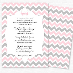 Pink Crown Baby Shower Thank you note with poem