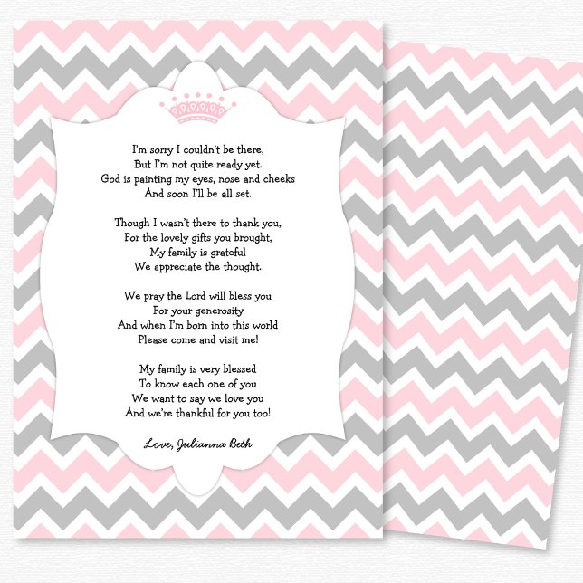Pink Crown Baby Shower Thank you note with poem Card (Creator Uploaded)