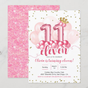 Pink Crown Balloon Eleven Birthday Invitation