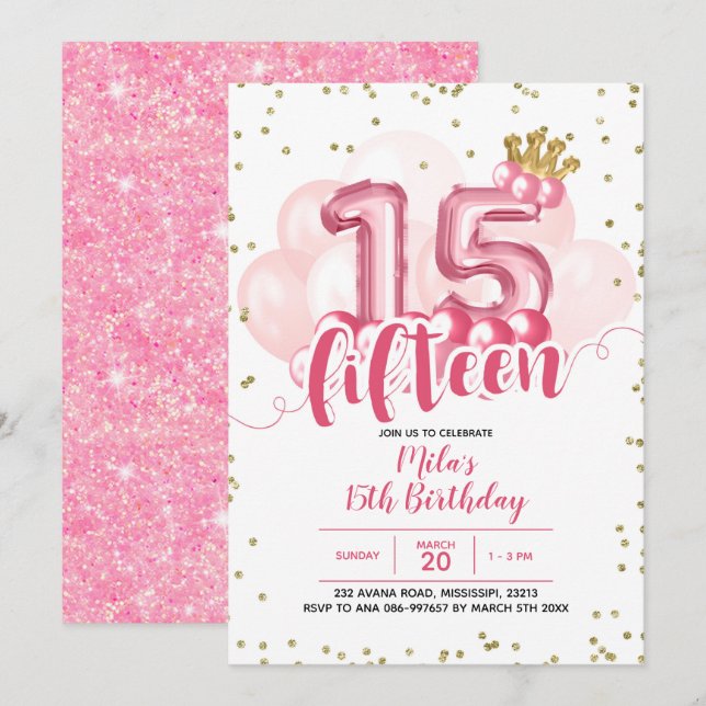 Pink Crown Balloon Fifteen Birthday Invitation (Front/Back)