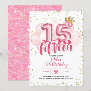 Pink Crown Balloon Fifteen Birthday Invitation