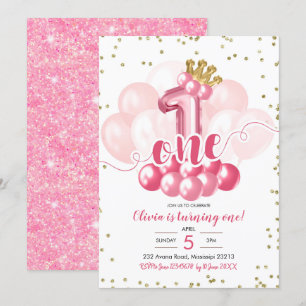 Pink Crown Balloon First Birthday Invitation