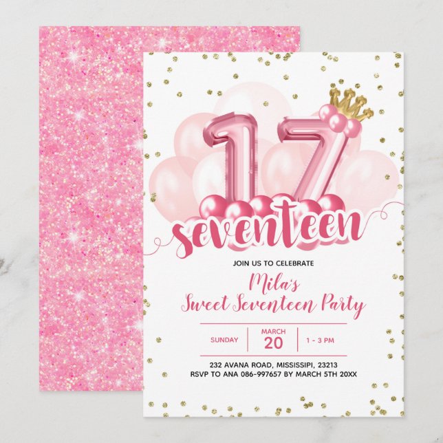 Pink Crown Balloon Seventeen Birthday Invitation (Front/Back)
