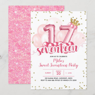 Pink Crown Balloon Seventeen Birthday Invitation
