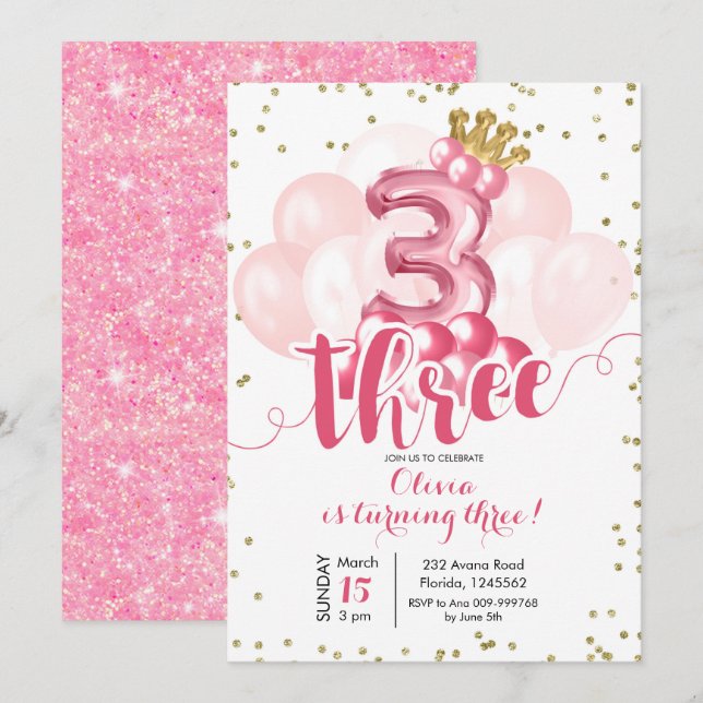Pink Crown Balloon Third Birthday Invitation (Front/Back)