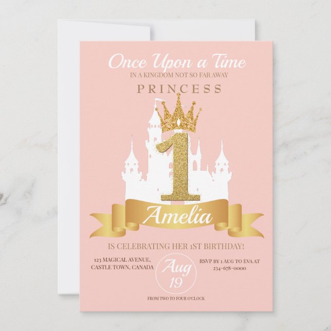 Pink Crown Castle Kingdom Princess 1st Birthday  Invitation (Front)