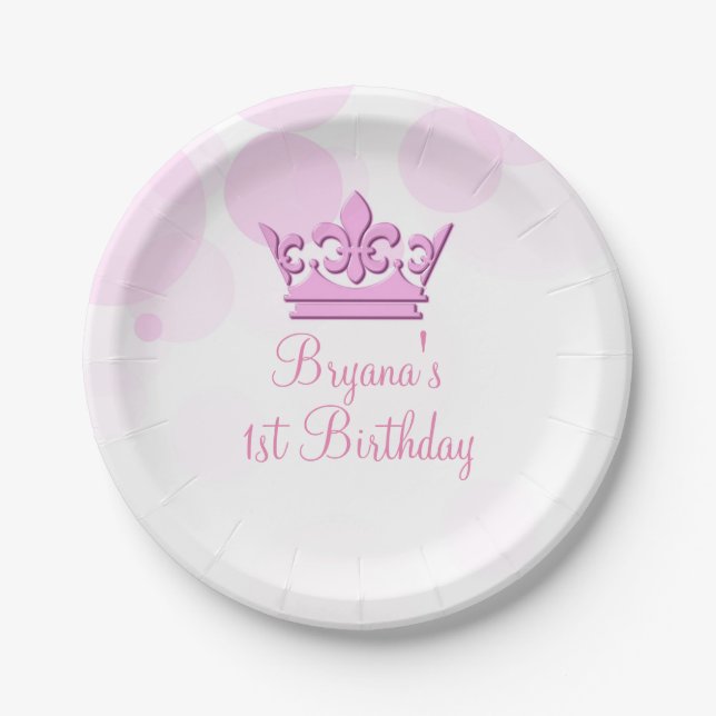 Pink Crown & Dots Royal Birthday Party Custom Paper Plate (Front)