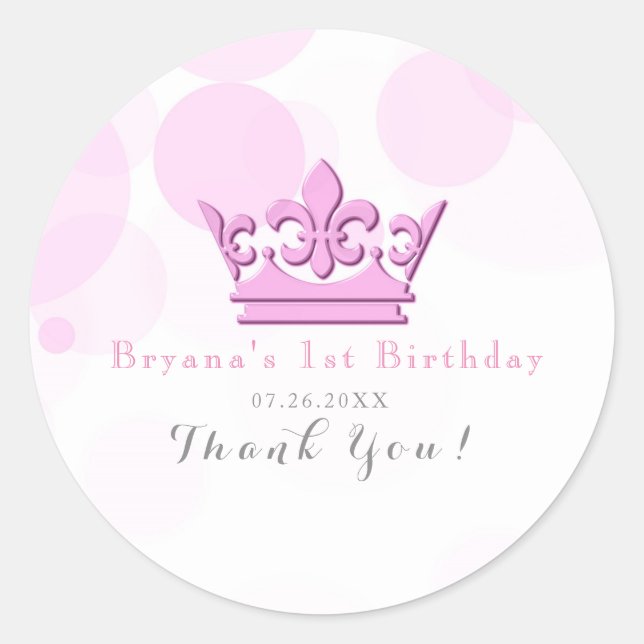 Pink Crown & Dots Royal Birthday Party Favour Classic Round Sticker (Front)