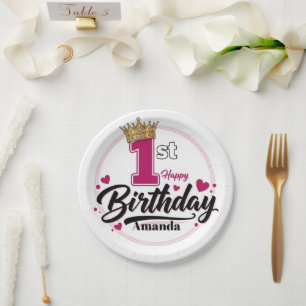 Pink Crown Girl 1st Birthday Party Paper Plate