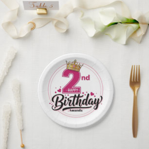 Pink Crown Girl 2nd Birthday Party Paper Plate