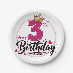 Pink Crown Girl 3rd Birthday Party Paper Plate