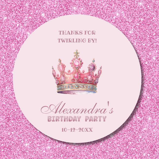 Pink Crown Girl Princess Birthday Thank You Classic Round Sticker (Creator Uploaded)