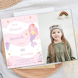 Pink Crown Mermaid Birthday Invitations with photo