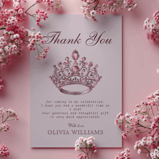 Pink Crown Princess Birthday Thank You Card (Creator Uploaded)