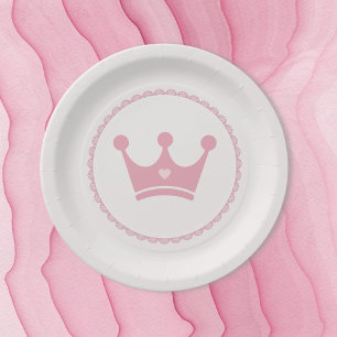 Pink Crown Princess Lace Pastel Watercolor Paper Plate