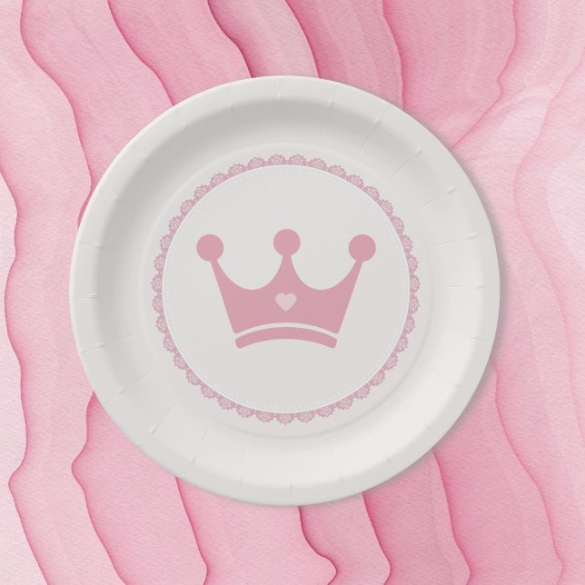 Pink Crown Princess Lace Pastel Watercolor Paper Plate (Creator Uploaded)