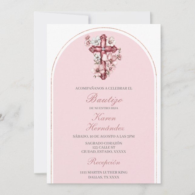 Pink crucifix Baptism Spanish Invitation (Front)
