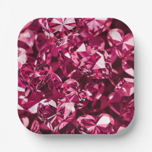 Pink Crystal Diamond Hearts Paper Plate