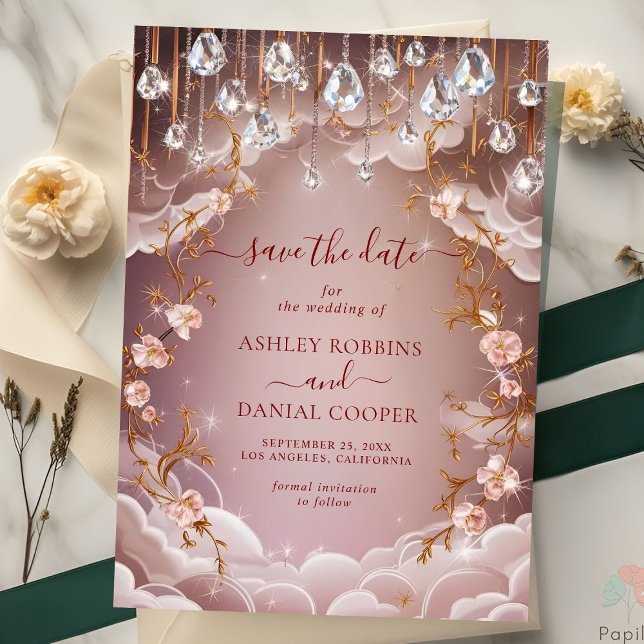 Pink Crystal Drops Opulent Floral Save The Date Invitation (Creator Uploaded)