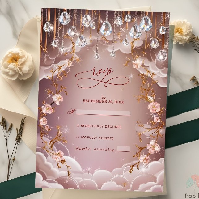 Pink Crystal Drops Opulent Floral Wedding RSVP Card (Creator Uploaded)