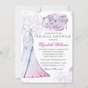 Pink Crystal Floral Wedding Gown Bridal Shower Invitation
