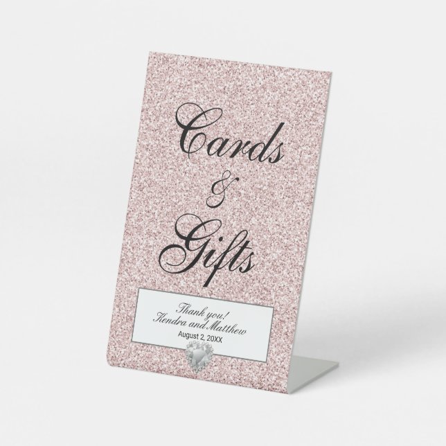 Pink Crystal Ice Glitter Heart Diamond Wedding Pedestal Sign (Front)