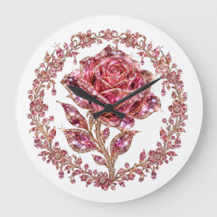 Pink Crystal Rose Diamond Wreath Art Large Clock