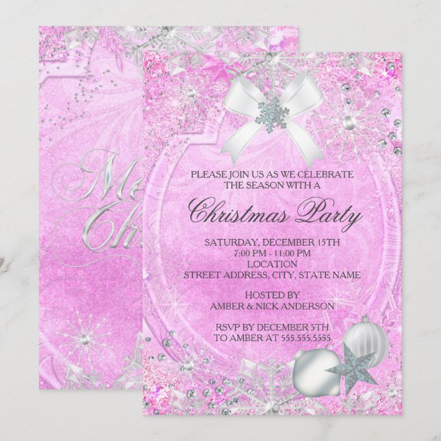 Pink Crystal Snowflake Bow Christmas Party Invite (Front/Back)