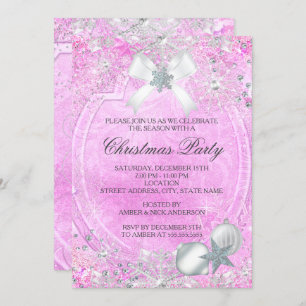 Pink Crystal Snowflake Bow Christmas Party Invite