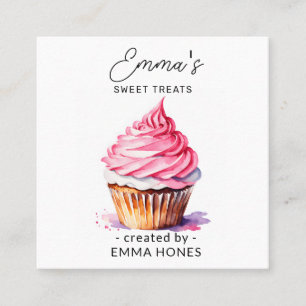 Pink cup cake modern watercolor bakery square business card