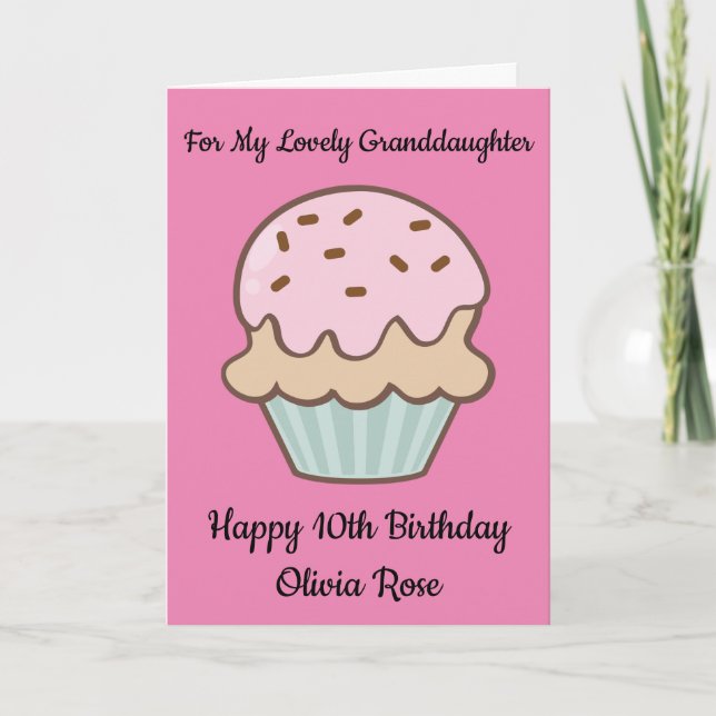 Pink Cupcake 10th Happy Birthday Granddaughter Card (Front)