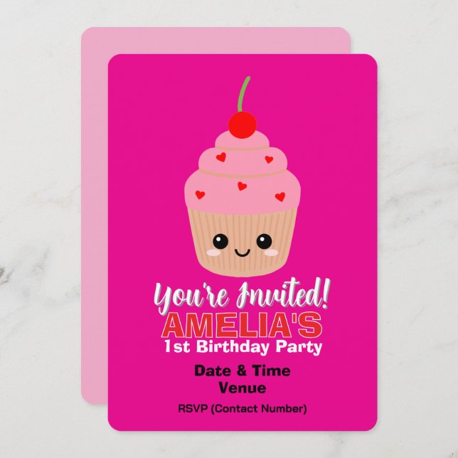 Pink Cupcake 1st Birthday Invitation Card (Front/Back)