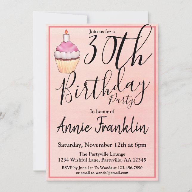 Pink Cupcake 30th Birthday Party Invitation (Front)