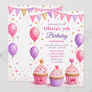 Pink Cupcake 7th Birthday Party Invitation