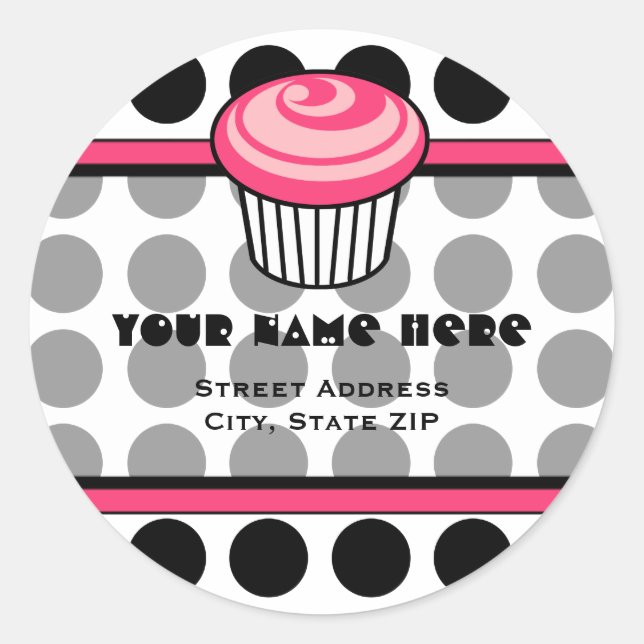 Pink Cupcake Address Label - Black Polka Dot (Front)