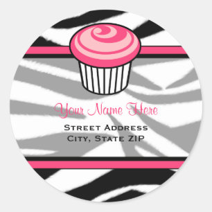 Pink Cupcake Address Label - Black Zebra Print