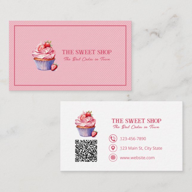 Pink Cupcake Bakery QR Code Business Card (Front/Back)