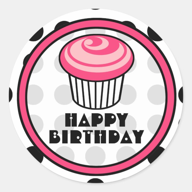 Pink Cupcake Birthday Sticker - Black Polka Dot (Front)