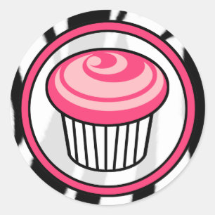 Pink Cupcake Birthday Sticker - Black Zebra Print